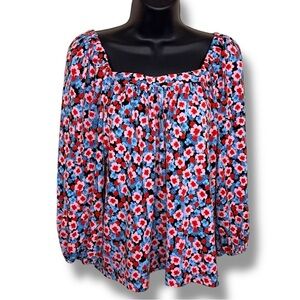 Small Pop Sugar Colorful Peasant Top Blue Pink Red Floral Square Neckline